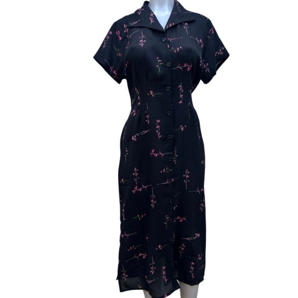 Premier International Midi Dress Women's Medium Black Floral Button Front